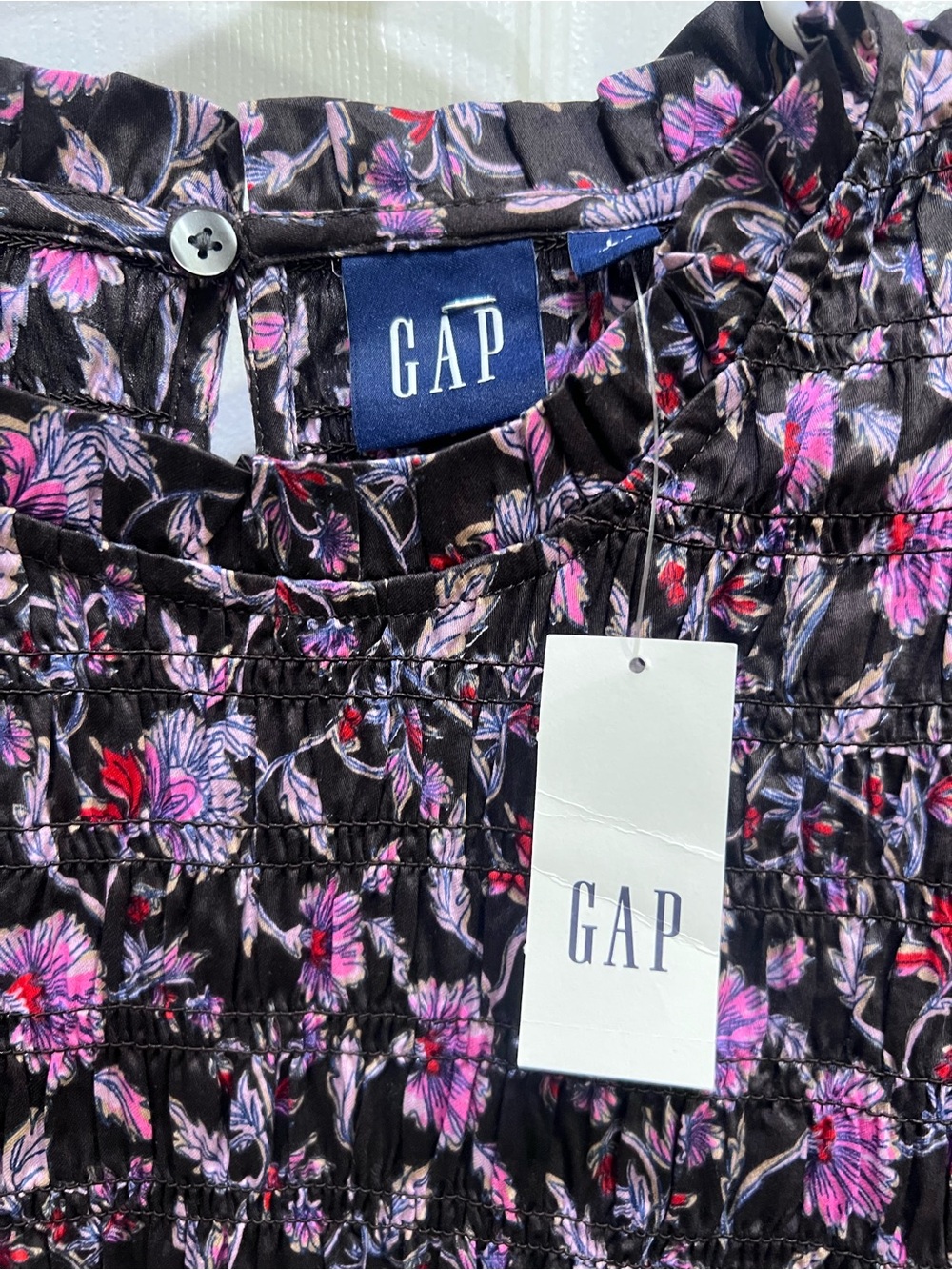 GAP Black Floral Smocked Long-Sleeve Dress with Pink Accents - Picture 4 of 8